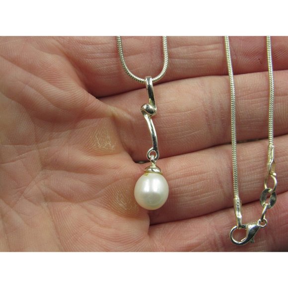 18" Sterling Silver Twisted Pearl Odd Pendant Necklace Vintage Minimalist - Picture 2 of 7